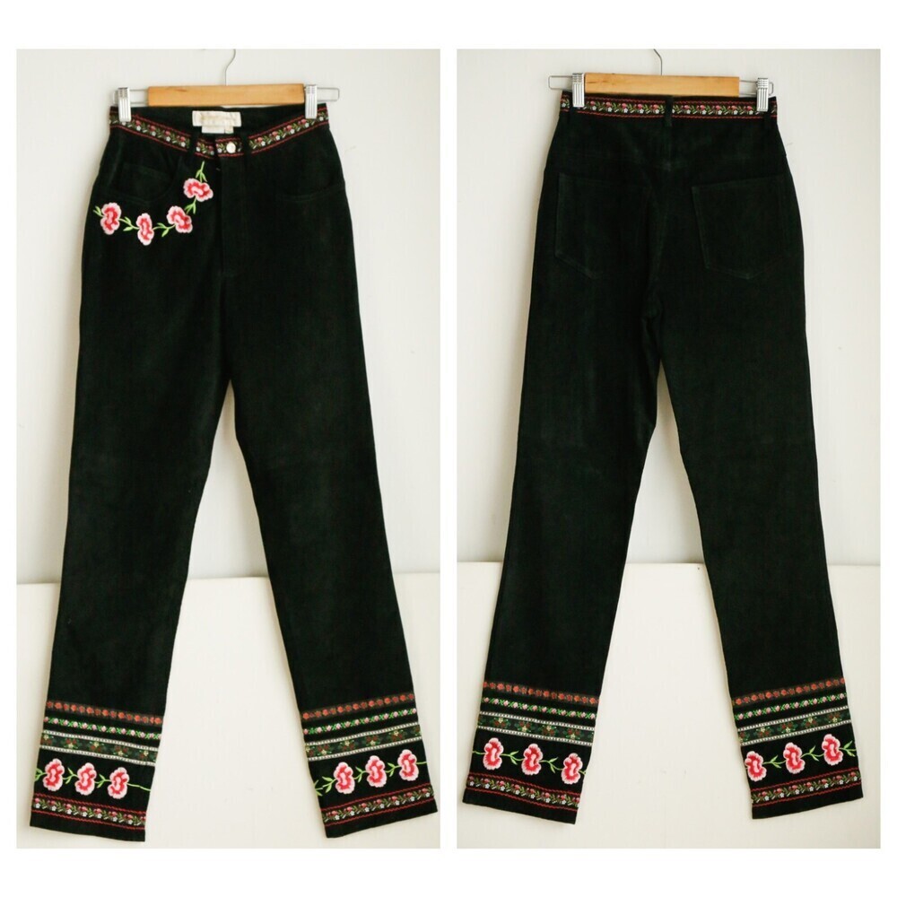 Vintage 90s Margaret Godfrey Black Suede Colourful Embroidered Straight Leg Pant